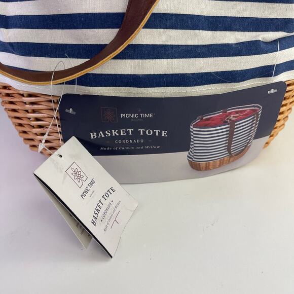 Picnic Time Coronado Canvas and Willow Basket Tote Navy Blue White Striped - Picture 8 of 16